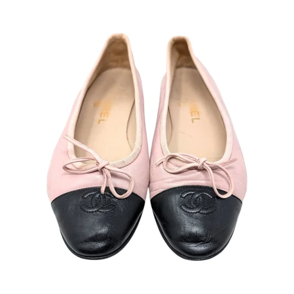 Vintage Chanel Ballet Flats Pink Black Cap Toe Bow Interlocking CC Logo 37.5 | 7 - Picture 2 of 12